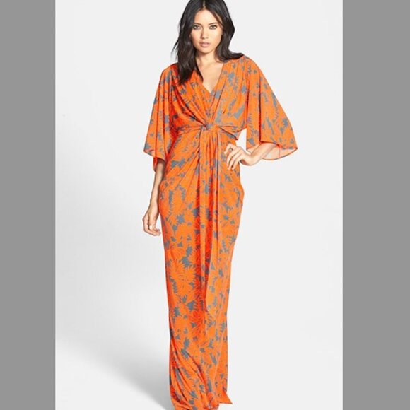 Anthropolgie S Orange Tropical Femme Print Maxi Long Wrap Flutter Kimono Dress - Picture 3 of 16